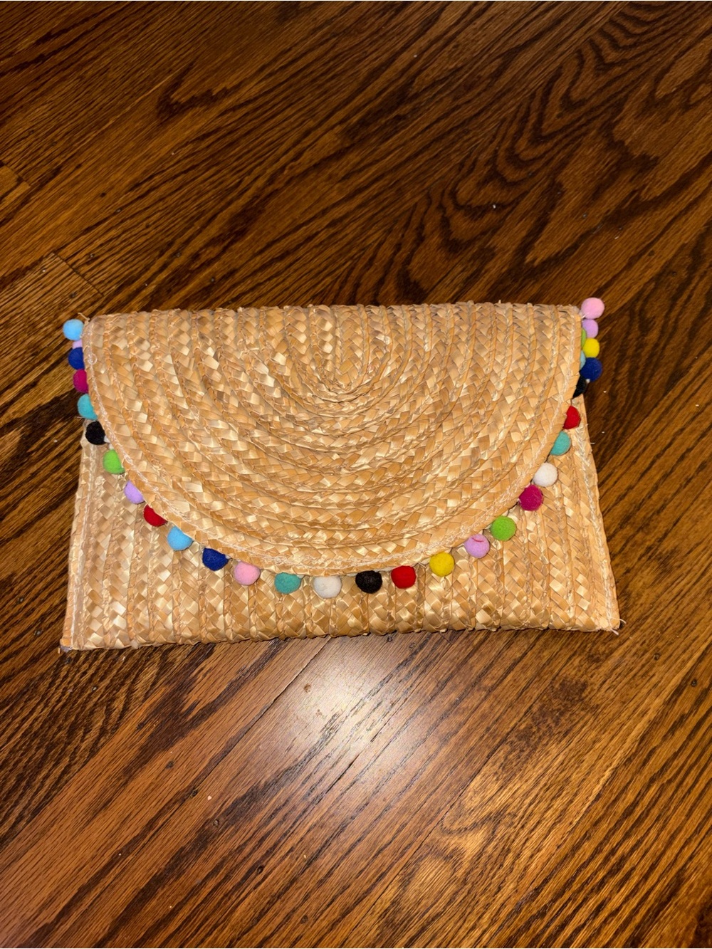 Raffia Straw Clutch with Colorful Pom-Poms